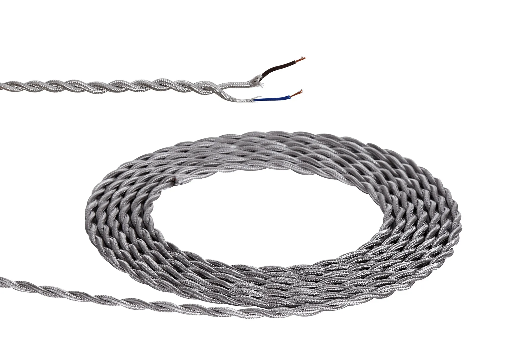 D0246  Cavo 1m Silver Braided Twisted 2 Core 0.75mm Cable